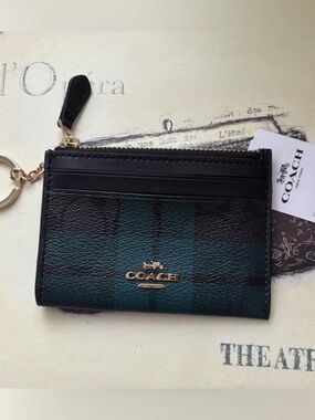Coach Plaid Card Case in Teal and Black with Gold Logo